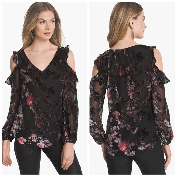 White House Black Market Tops - WHBM FLORAL VELVET BURNOUT COLD-SHOULDER BLOUSE